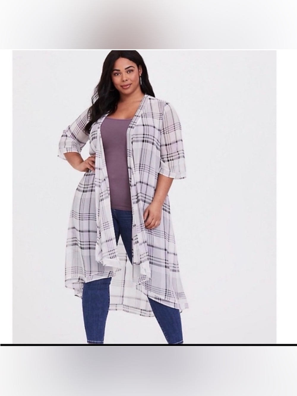 Torrid Kimono Duster Length Sheer Plaid 3/4 Longline